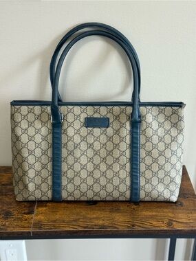 Vintage Gucci GG Canvas Tote Bag Navy Leather Trim Style 114595 234990